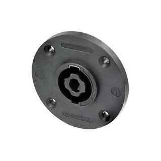 Neutrik NL4MPRXX Speakon 4 pole chassis connector, black round G-size flange, countersunk thru holes, 3/16 flat tabs