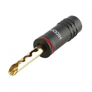 HICON Banana connector with toothed clamp, 1-pol , metal-, crimp-male connector, hard gold-plated contact(s), straight, max. 6 mm, red