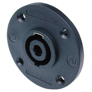 Neutrik NL4MPR Speakon 4 pole chassis connector, black round G-size flange, countersunk thru holes, 3/16 flat tabs