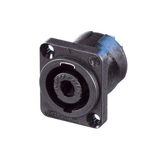 Neutrik NL4MP-UC Speakon 4 pole chassis connector for 40 A rms continuous, 50 A audiosignal duty cycle 50%. Black D-size flange, countersunk thru holes, 1/4 flat tabs